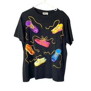 All Points by Reference Satin Embroidered Sneaker Shirt Black Cotton Top Medium